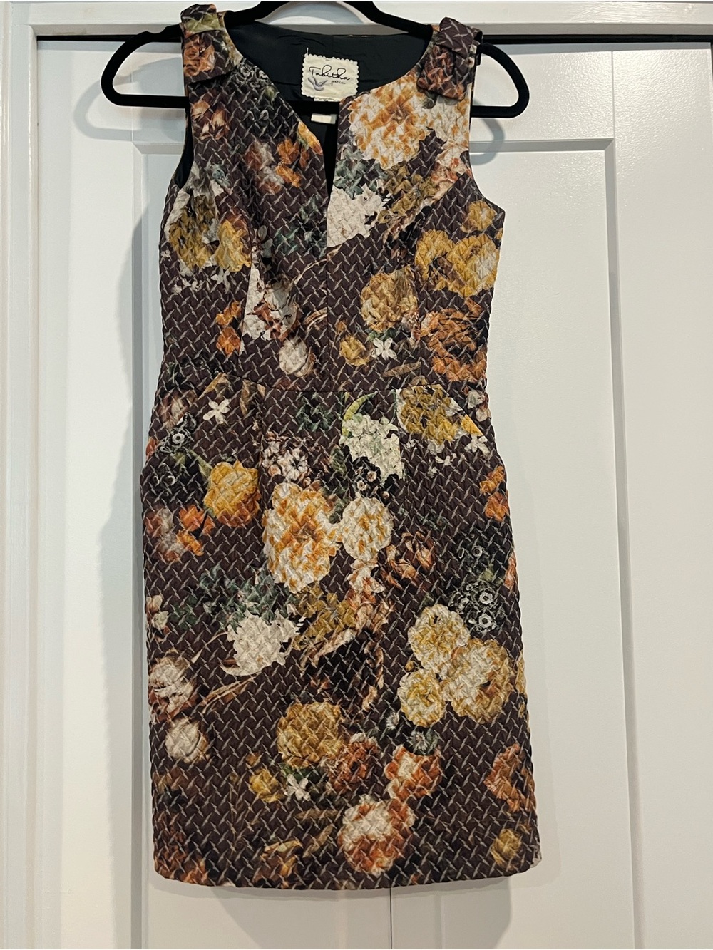 Anthropologie Tabitha Earthy Floral Sheath Dress with Shoulder Bow Accents